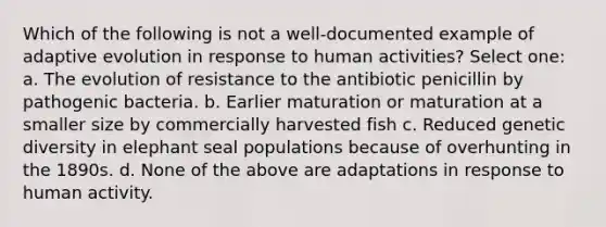 Which of the following is not a well-documented example of adaptive evolution in response to human activities? Select one: a. The evolution of resistance to the antibiotic penicillin by pathogenic bacteria. b. Earlier maturation or maturation at a smaller size by commercially harvested fish c. Reduced genetic diversity in elephant seal populations because of overhunting in the 1890s. d. None of the above are adaptations in response to human activity.