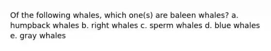 Of the following whales, which one(s) are baleen whales? a. humpback whales b. right whales c. sperm whales d. blue whales e. gray whales