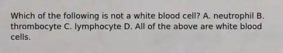 Which of the following is not a white blood cell? A. neutrophil B. thrombocyte C. lymphocyte D. All of the above are white blood cells.