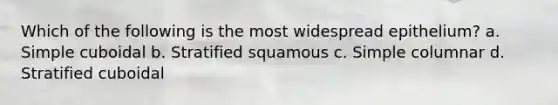 Which of the following is the most widespread epithelium? a. Simple cuboidal b. Stratified squamous c. Simple columnar d. Stratified cuboidal