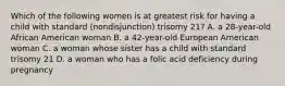 Which of the following women is at greatest risk for having a child with standard (nondisjunction) trisomy 21? A. a 28-year-old African American woman B. a 42-year-old European American woman C. a woman whose sister has a child with standard trisomy 21 D. a woman who has a folic acid deficiency during pregnancy