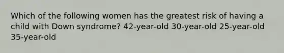 Which of the following women has the greatest risk of having a child with Down syndrome? 42-year-old 30-year-old 25-year-old 35-year-old