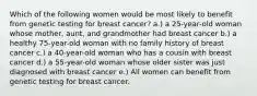 Which of the following women would be most likely to benefit from genetic testing for breast cancer? a.) a 25-year-old woman whose mother, aunt, and grandmother had breast cancer b.) a healthy 75-year-old woman with no family history of breast cancer c.) a 40-year-old woman who has a cousin with breast cancer d.) a 55-year-old woman whose older sister was just diagnosed with breast cancer e.) All women can benefit from genetic testing for breast cancer.