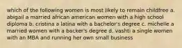 which of the following women is most likely to remain childfree a. abigail a married african american women with a high school diploma b. cristina a latina with a bachelor's degree c. michelle a married women with a backer's degree d. vashti a single women with an MBA and running her own small business