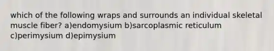 which of the following wraps and surrounds an individual skeletal muscle fiber? a)endomysium b)sarcoplasmic reticulum c)perimysium d)epimysium