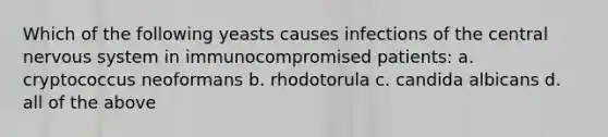 Which of the following yeasts causes infections of the central nervous system in immunocompromised patients: a. cryptococcus neoformans b. rhodotorula c. candida albicans d. all of the above