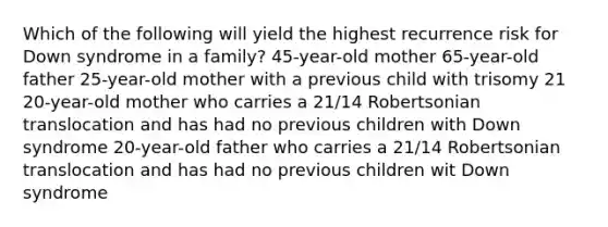 Which of the following will yield the highest recurrence risk for Down syndrome in a family? 45-year-old mother 65-year-old father 25-year-old mother with a previous child with trisomy 21 20-year-old mother who carries a 21/14 Robertsonian translocation and has had no previous children with Down syndrome 20-year-old father who carries a 21/14 Robertsonian translocation and has had no previous children wit Down syndrome