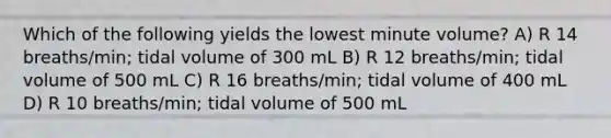 Which of the following yields the lowest minute volume? A) R 14 breaths/min; tidal volume of 300 mL B) R 12 breaths/min; tidal volume of 500 mL C) R 16 breaths/min; tidal volume of 400 mL D) R 10 breaths/min; tidal volume of 500 mL