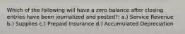 Which of the following will have a zero balance after closing entries have been journalized and posted?: a.) Service Revenue b.) Supplies c.) Prepaid Insurance d.) Accumulated Depreciation