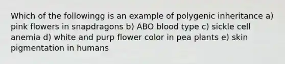 Which of the followingg is an example of polygenic inheritance a) pink flowers in snapdragons b) ABO blood type c) sickle cell anemia d) white and purp flower color in pea plants e) skin pigmentation in humans