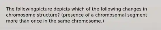 The followingpicture depicts which of the following changes in chromosome structure? (presence of a chromosomal segment <a href='https://www.questionai.com/knowledge/keWHlEPx42-more-than' class='anchor-knowledge'>more than</a> once in the same chromosome.)