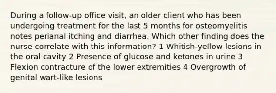 During a follow-up office visit, an older client who has been undergoing treatment for the last 5 months for osteomyelitis notes perianal itching and diarrhea. Which other finding does the nurse correlate with this information? 1 Whitish-yellow lesions in the oral cavity 2 Presence of glucose and ketones in urine 3 Flexion contracture of the lower extremities 4 Overgrowth of genital wart-like lesions