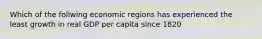 Which of the follwing economic regions has experienced the least growth in real GDP per capita since 1820