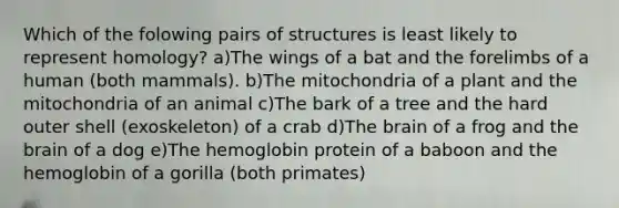 Which of the folowing pairs of structures is least likely to represent homology? a)The wings of a bat and the forelimbs of a human (both mammals). b)The mitochondria of a plant and the mitochondria of an animal c)The bark of a tree and the hard outer shell (exoskeleton) of a crab d)The brain of a frog and the brain of a dog e)The hemoglobin protein of a baboon and the hemoglobin of a gorilla (both primates)