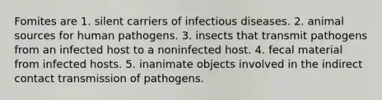 Fomites are 1. silent carriers of infectious diseases. 2. animal sources for human pathogens. 3. insects that transmit pathogens from an infected host to a noninfected host. 4. fecal material from infected hosts. 5. inanimate objects involved in the indirect contact transmission of pathogens.