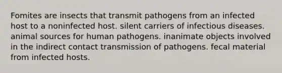 Fomites are insects that transmit pathogens from an infected host to a noninfected host. silent carriers of infectious diseases. animal sources for human pathogens. inanimate objects involved in the indirect contact transmission of pathogens. fecal material from infected hosts.