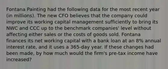 Fontana Painting had the following data for the most recent year (in millions). The new CFO believes that the company could improve its working capital management sufficiently to bring its NWC and CCC up to the benchmark companies' level without affecting either sales or the costs of goods sold. Fontana finances its net working capital with a bank loan at an 8% annual interest rate, and it uses a 365-day year. If these changes had been made, by how much would the firm's pre-tax income have increased?