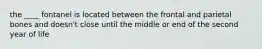 the ____ fontanel is located between the frontal and parietal bones and doesn't close until the middle or end of the second year of life