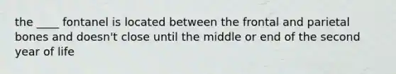 the ____ fontanel is located between the frontal and parietal bones and doesn't close until the middle or end of the second year of life