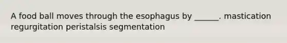 A food ball moves through the esophagus by ______. mastication regurgitation peristalsis segmentation