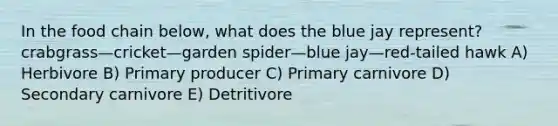 In the food chain below, what does the blue jay represent? crabgrass—cricket—garden spider—blue jay—red-tailed hawk A) Herbivore B) Primary producer C) Primary carnivore D) Secondary carnivore E) Detritivore