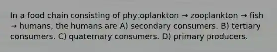 In a food chain consisting of phytoplankton → zooplankton → fish → humans, the humans are A) secondary consumers. B) tertiary consumers. C) quaternary consumers. D) primary producers.