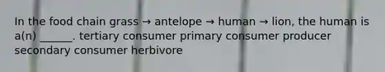 In the food chain grass → antelope → human → lion, the human is a(n) ______. tertiary consumer primary consumer producer secondary consumer herbivore