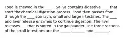 Food is chewed in the ____ . Saliva contains digestive ____ that start the chemical digestion process. Food then passes from through the ____ stomach, small and large intestines. The ____ and liver release enzymes to continue digestion. The liver releases ___ that is stored in the gallbladder. The three sections of the small intestines are the ______,_______, and ________.