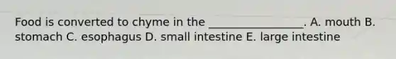Food is converted to chyme in the _________________. A. mouth B. stomach C. esophagus D. small intestine E. large intestine