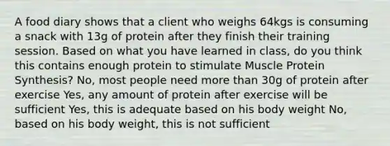 A food diary shows that a client who weighs 64kgs is consuming a snack with 13g of protein after they finish their training session. Based on what you have learned in class, do you think this contains enough protein to stimulate Muscle Protein Synthesis? No, most people need more than 30g of protein after exercise Yes, any amount of protein after exercise will be sufficient Yes, this is adequate based on his body weight No, based on his body weight, this is not sufficient