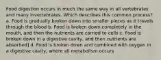 Food digestion occurs in much the same way in all vertebrates and many invertebrates. Which describes this common process? a. Food is gradually broken down into smaller pieces as it travels through the blood b. Food is broken down completely in the mouth, and then the nutrients are carried to cells c. Food is broken down in a digestive cavity, and then nutrients are absorbed] d. Food is broken down and combined with oxygen in a digestive cavity, where all metabolism occurs