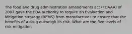 The food and drug administration amendments act (FDAAA) of 2007 gave the FDA authority to require an Evaluation and Mitigation strategy (REMS) from manufactures to ensure that the benefits of a drug outweigh its risk. What are the five levels of risk mitigation