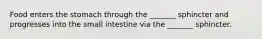 Food enters the stomach through the _______ sphincter and progresses into the small intestine via the _______ sphincter.