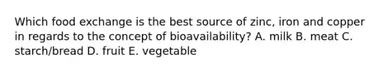 Which food exchange is the best source of zinc, iron and copper in regards to the concept of bioavailability? A. milk B. meat C. starch/bread D. fruit E. vegetable