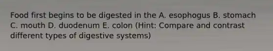 Food first begins to be digested in the A. esophogus B. stomach C. mouth D. duodenum E. colon (Hint: Compare and contrast different types of digestive systems)