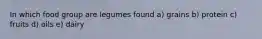 In which food group are legumes found a) grains b) protein c) fruits d) oils e) dairy