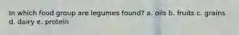 In which food group are legumes found? a. oils b. fruits c. grains d. dairy e. protein