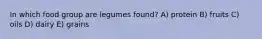 In which food group are legumes found?​ A) ​protein B) fruits C) oils D) ​dairy E) ​grains