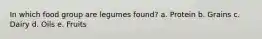 In which food group are legumes found? a. Protein b. Grains c. Dairy d. Oils e. Fruits
