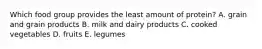 Which food group provides the least amount of protein? A. grain and grain products B. milk and dairy products C. cooked vegetables D. fruits E. legumes