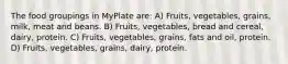 The food groupings in MyPlate are: A) Fruits, vegetables, grains, milk, meat and beans. B) Fruits, vegetables, bread and cereal, dairy, protein. C) Fruits, vegetables, grains, fats and oil, protein. D) Fruits, vegetables, grains, dairy, protein.