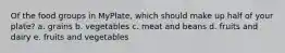 Of the food groups in MyPlate, which should make up half of your plate? a. grains b. vegetables c. meat and beans d. fruits and dairy e. fruits and vegetables