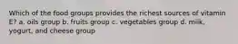 Which of the food groups provides the richest sources of vitamin E? a. oils group b. fruits group c. vegetables group d. milk, yogurt, and cheese group