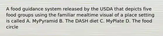 A food guidance system released by the USDA that depicts five food groups using the familiar mealtime visual of a place setting is called A. MyPyramid B. The DASH diet C. MyPlate D. The food circle