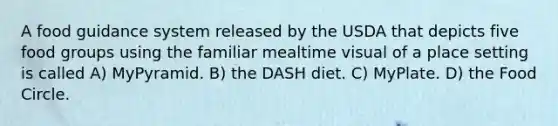 A food guidance system released by the USDA that depicts five food groups using the familiar mealtime visual of a place setting is called A) MyPyramid. B) the DASH diet. C) MyPlate. D) the Food Circle.