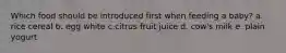 Which food should be introduced first when feeding a baby? a. rice cereal b. egg white c.citrus fruit juice d. cow's milk e. plain yogurt