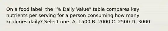 On a food label, the "% Daily Value" table compares key nutrients per serving for a person consuming how many kcalories daily? Select one: A. 1500 B. 2000 C. 2500 D. 3000