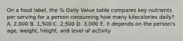 On a food label, the % Daily Value table compares key nutrients per serving for a person consuming how many kilocalories daily? A. 2,000 B. 1,500 C. 2,500 D. 3,000 E. it depends on the person's age, weight, height, and level of activity