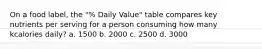 On a food label, the "% Daily Value" table compares key nutrients per serving for a person consuming how many kcalories daily? a. 1500 b. 2000 c. 2500 d. 3000