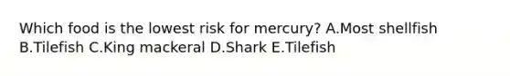 Which food is the lowest risk for mercury? A.Most shellfish B.Tilefish C.King mackeral D.Shark E.Tilefish